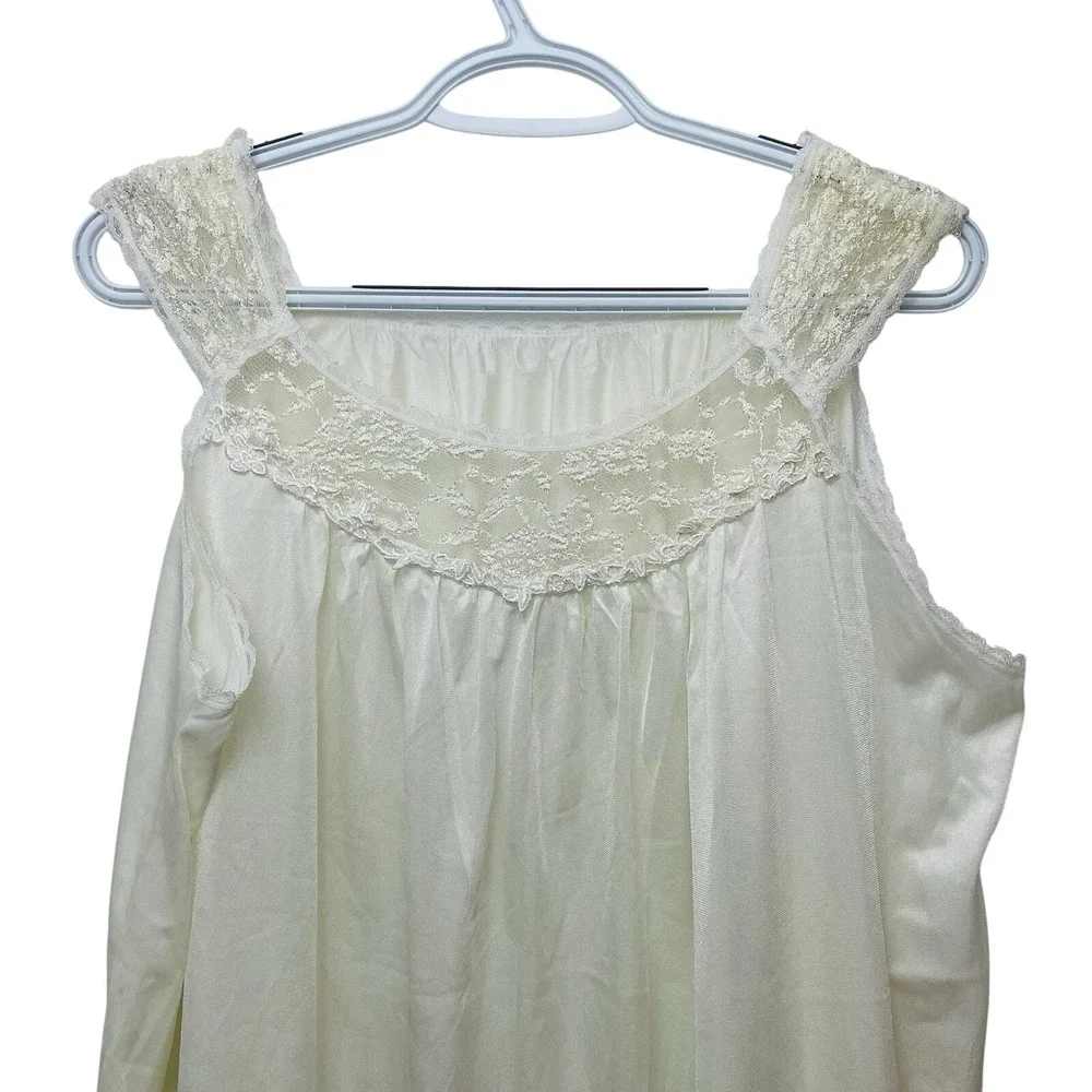 Vtg Midi Ivory Lace Nightgown Pajama Slip Nylon Satin Chemise Stretch Comfort XL - Picture 2 of 5